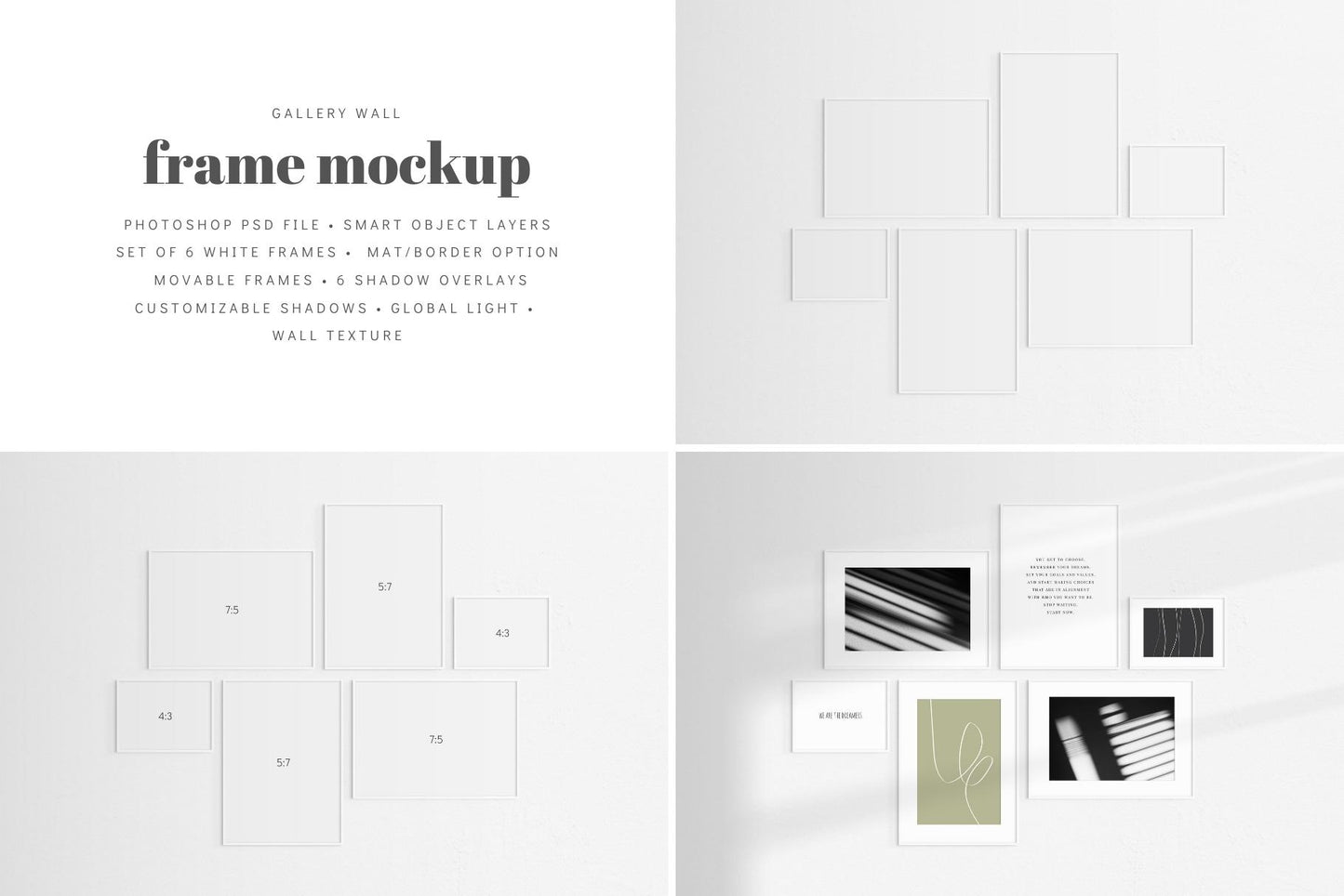 Gallery Wall Mockup | Set of 6 Frames | Frame Mockup | White | PSD
