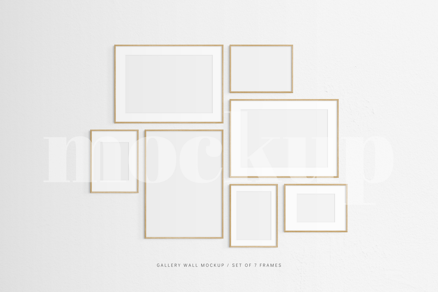 Gallery Wall Mockup | Set of 7 Frames | Frame Mockup | Oak Timber | PSD