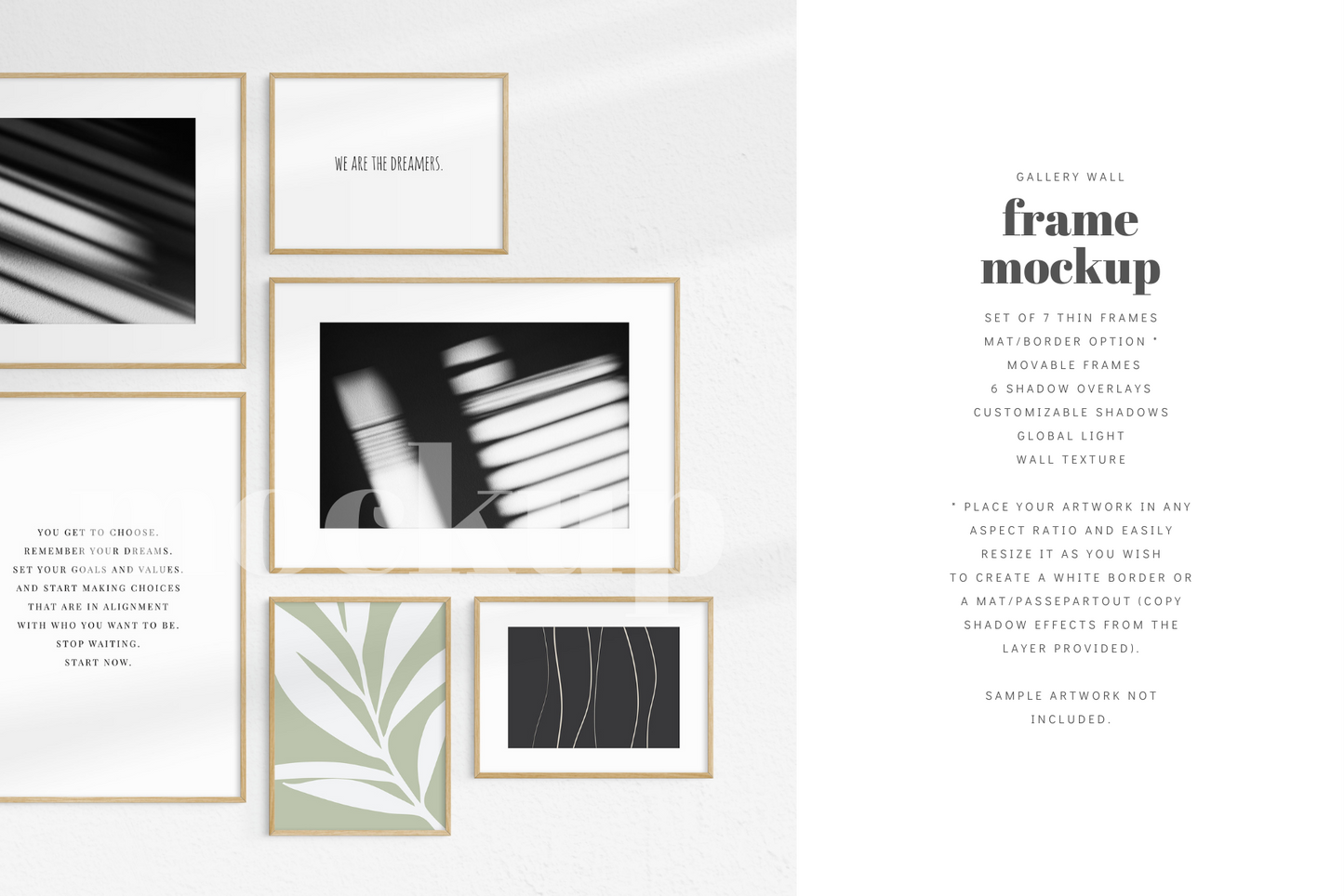 Gallery Wall Mockup | Set of 7 Frames | Frame Mockup | Oak Timber | PSD
