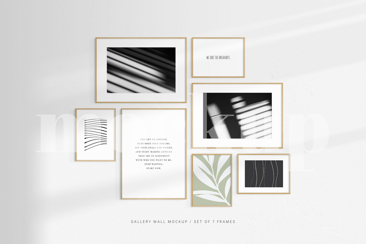Gallery Wall Mockup | Set of 7 Frames | Frame Mockup | Oak Timber | PSD
