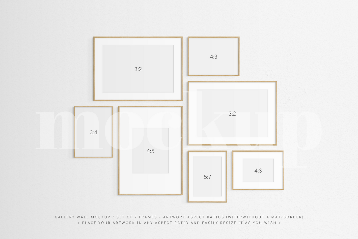 Gallery Wall Mockup | Set of 7 Frames | Frame Mockup | Oak Timber | PSD