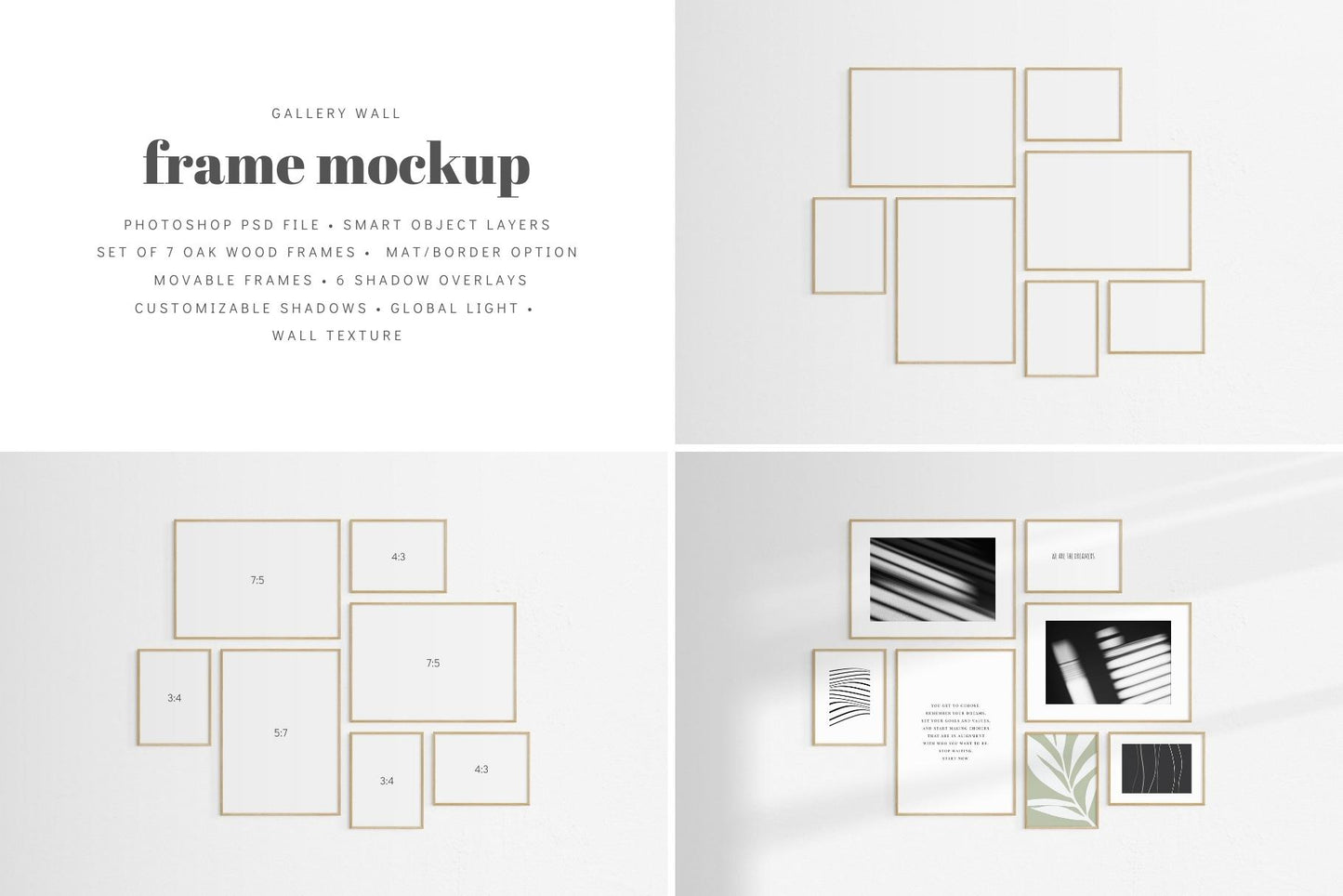 Gallery Wall Mockup | Set of 7 Frames | Frame Mockup | Oak Timber | PSD