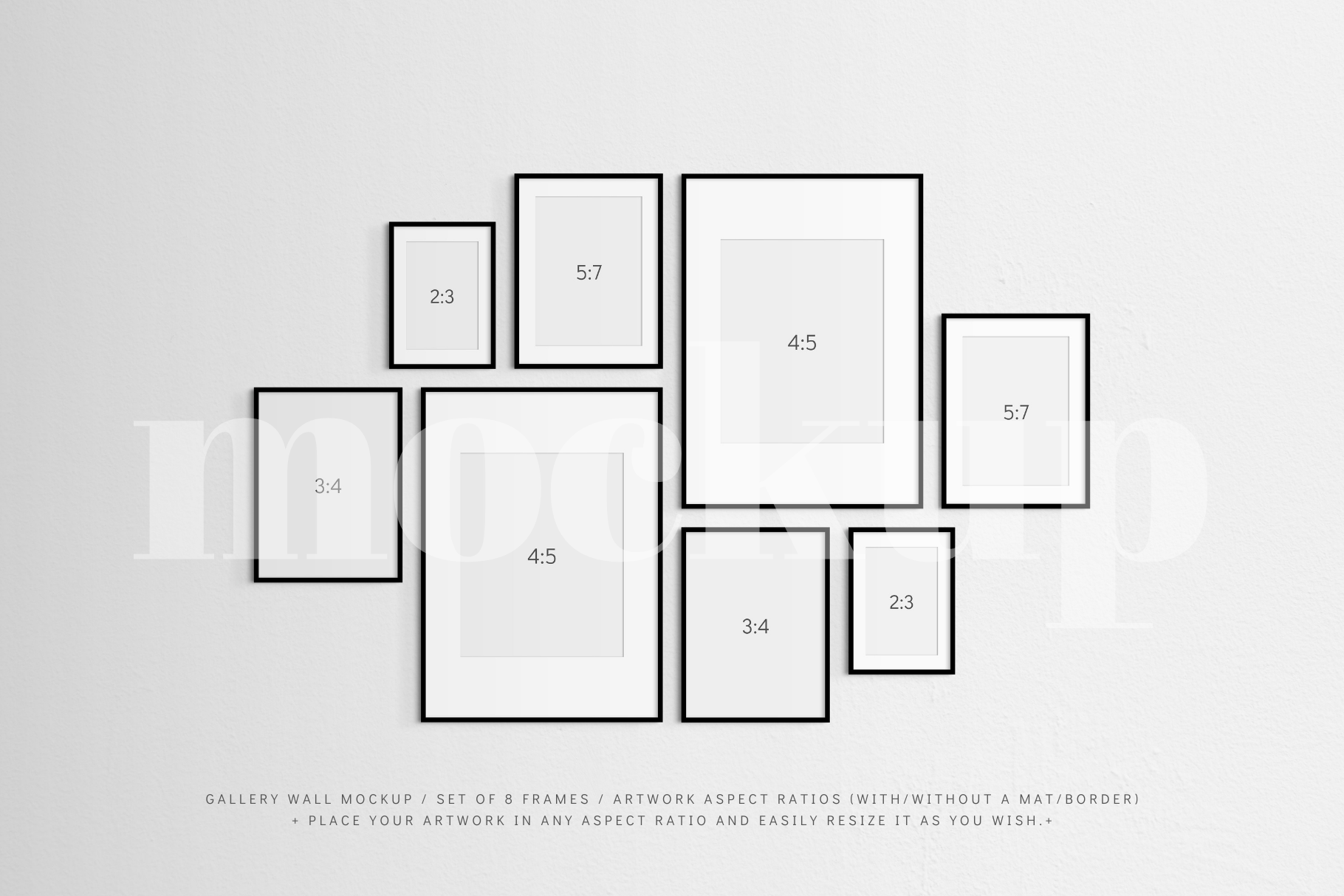 Gallery wall frame mockup that features a set of 8 thin black frames with or without a white mat (passe-partout) border..