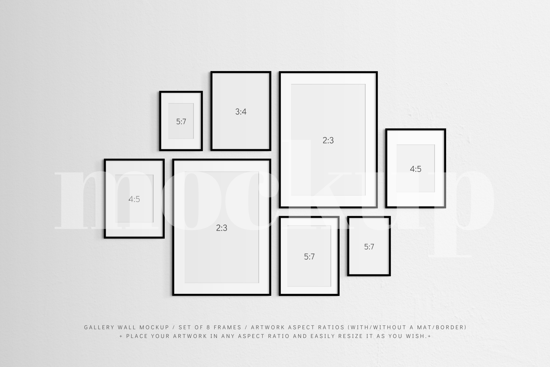 Set of 8 black frames. A customizable and easy-to-use gallery wall frame mockup.