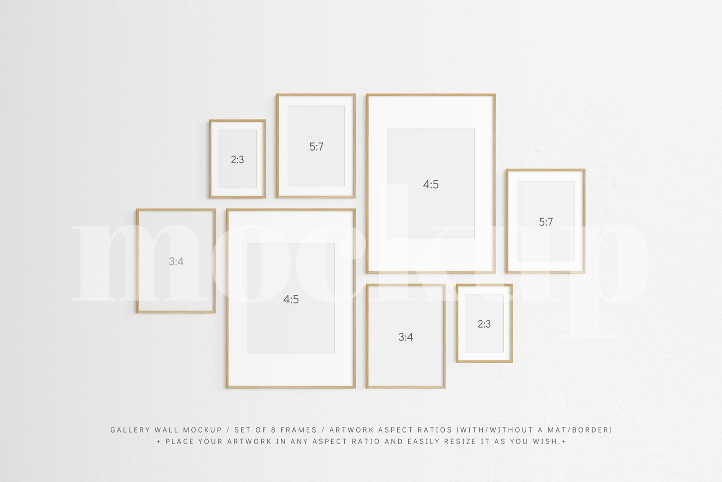 Gallery Wall Mockup | Set of 8 Frames | Frame Mockup | Oak Timber | PSD