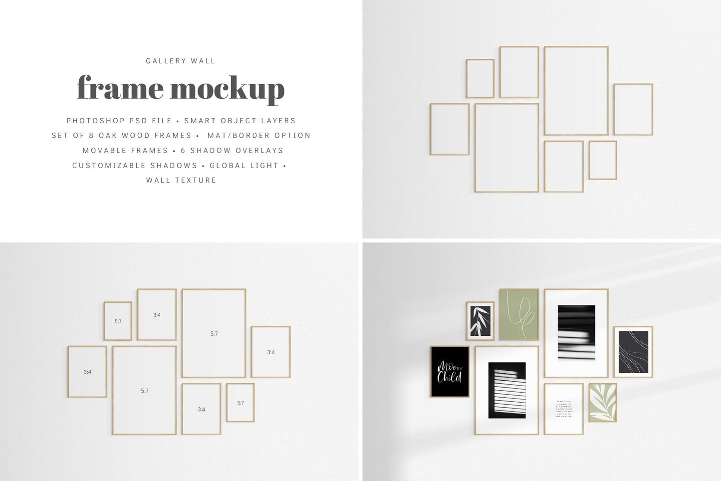 Gallery Wall Mockup | Set of 8 Frames | Frame Mockup | Oak Timber | PSD