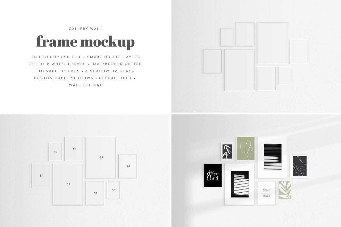Gallery Wall Mockup | Set of 8 Frames | Frame Mockup | White | PSD