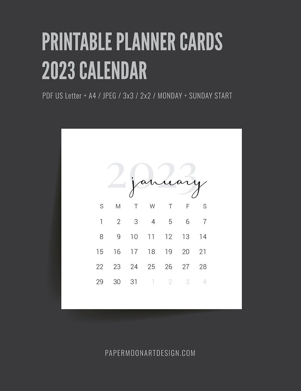 2023 Calendar | 3x3 | 2x2 | Printable Mini Calendar 2023 | Planner Cards | Minimal Aesthetic | Clean Design |  PAPER MOON Art & Design