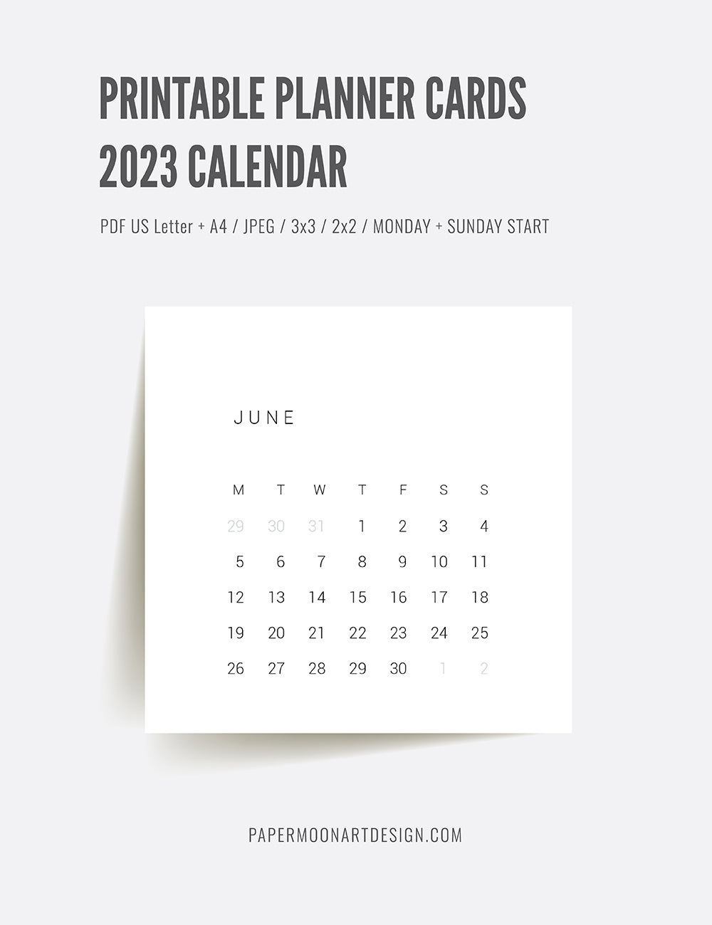 2023 Calendar | 3x3 | 2x2 | Printable Mini Calendar 2023 | Planner Cards | Minimal Aesthetic | Clean Design |  PAPER MOON Art & Design
