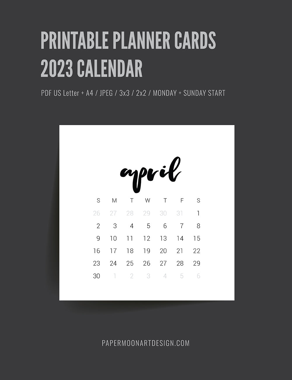 2023 Calendar | 3x3 | 2x2 | Printable Mini Calendar 2023 | Planner Cards | Minimal Aesthetic | Clean Design |  PAPER MOON Art & Design