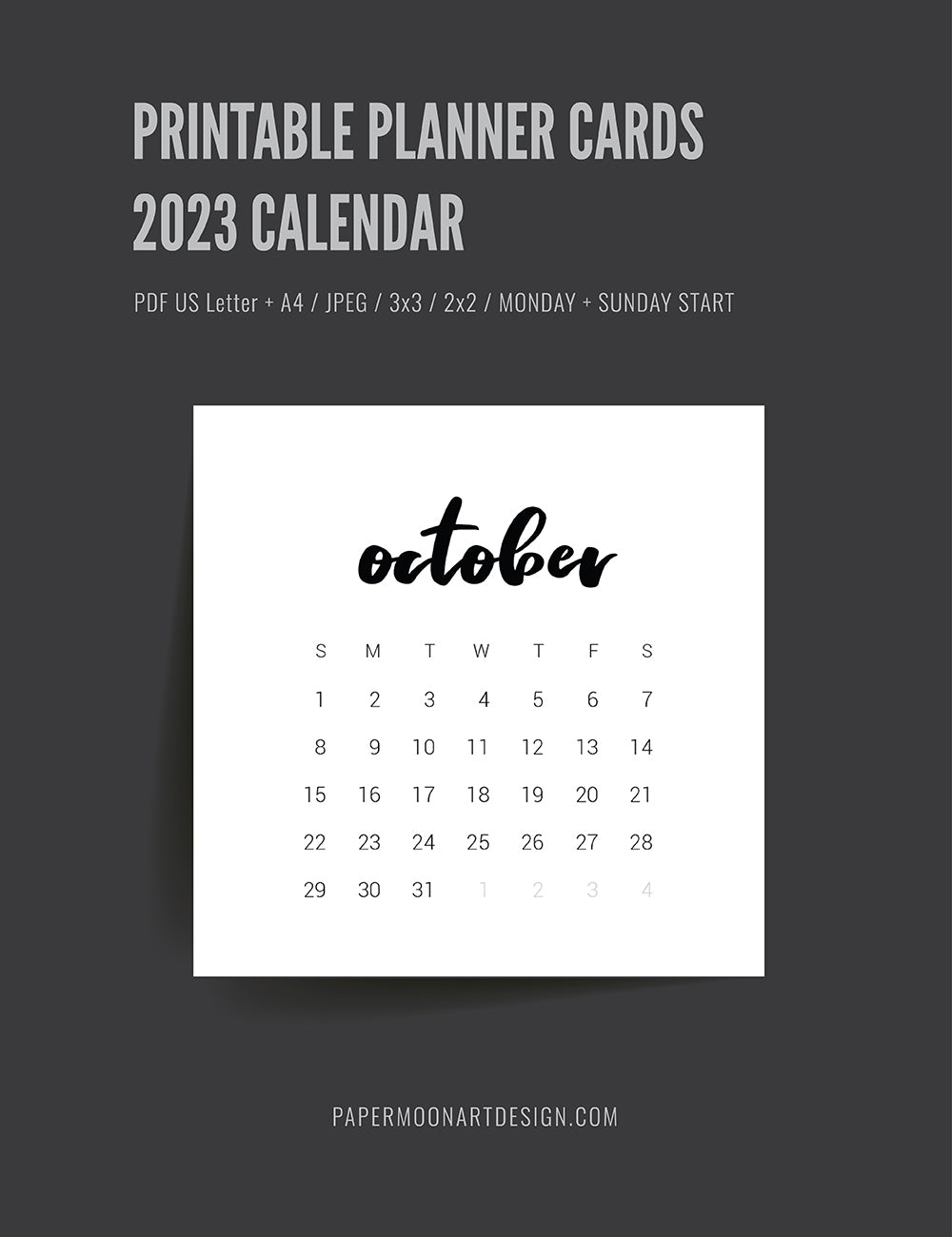 2023 Calendar | 3x3 | 2x2 | Printable Mini Calendar 2023 | Planner Cards | Minimal Aesthetic | Clean Design |  PAPER MOON Art & Design