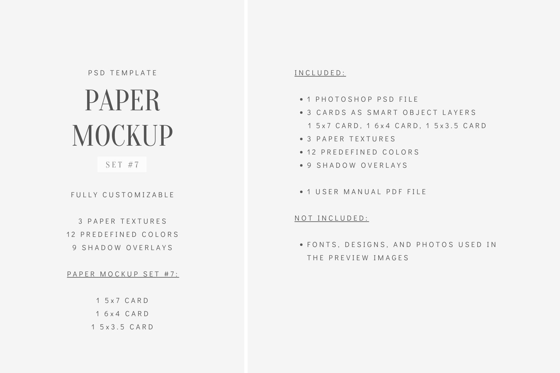 PAPER MOCKUP SET #7 | Card Mockup: 5x7, 6x4, 5x3.5 | PSD Mockup