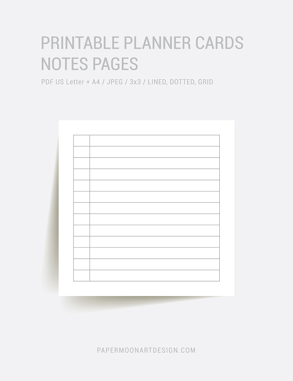 Printable Notes and Memo Cards | 3x3 | Printable Journal & Planner Cards | Notes | Lined, Dotted, Grid | Minimal Aesthetic | Clean Design | PAPER MOON Art & Design