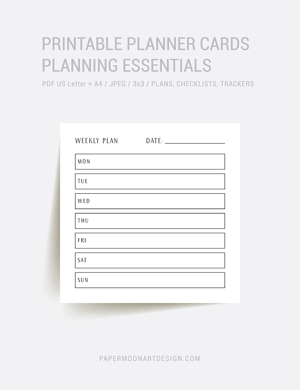Planning Essentials | 3x3 | Printable Journal & Planner Cards | Daily Plans, Weekly Plans, Checklists, Habit Trackers, To Do Lists, Notes | Minimal Aesthetic | Clean Design | PAPER MOON Art & Design