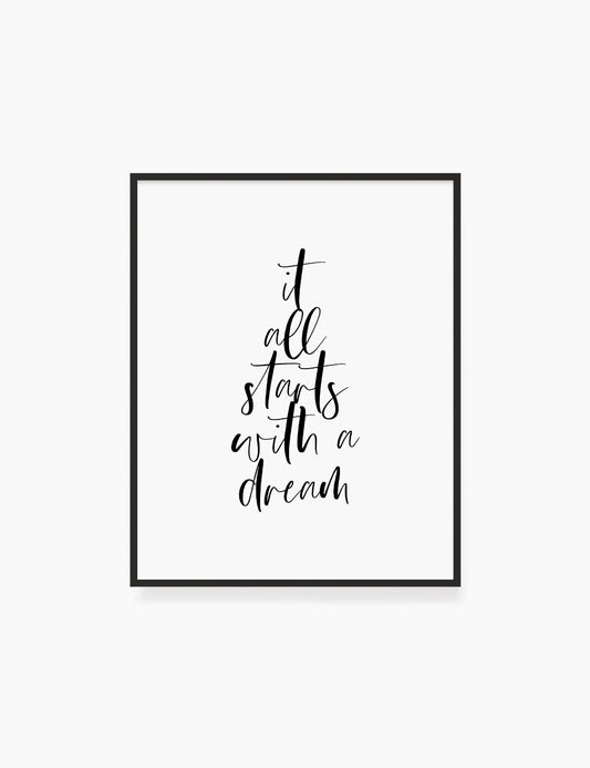 Printable Wall Art Quote: IT ALL STARTS WITH A DREAM. Printable Poster. Inspirational Quote. Motivational Quote. WA001 - Paper Moon Art & Design