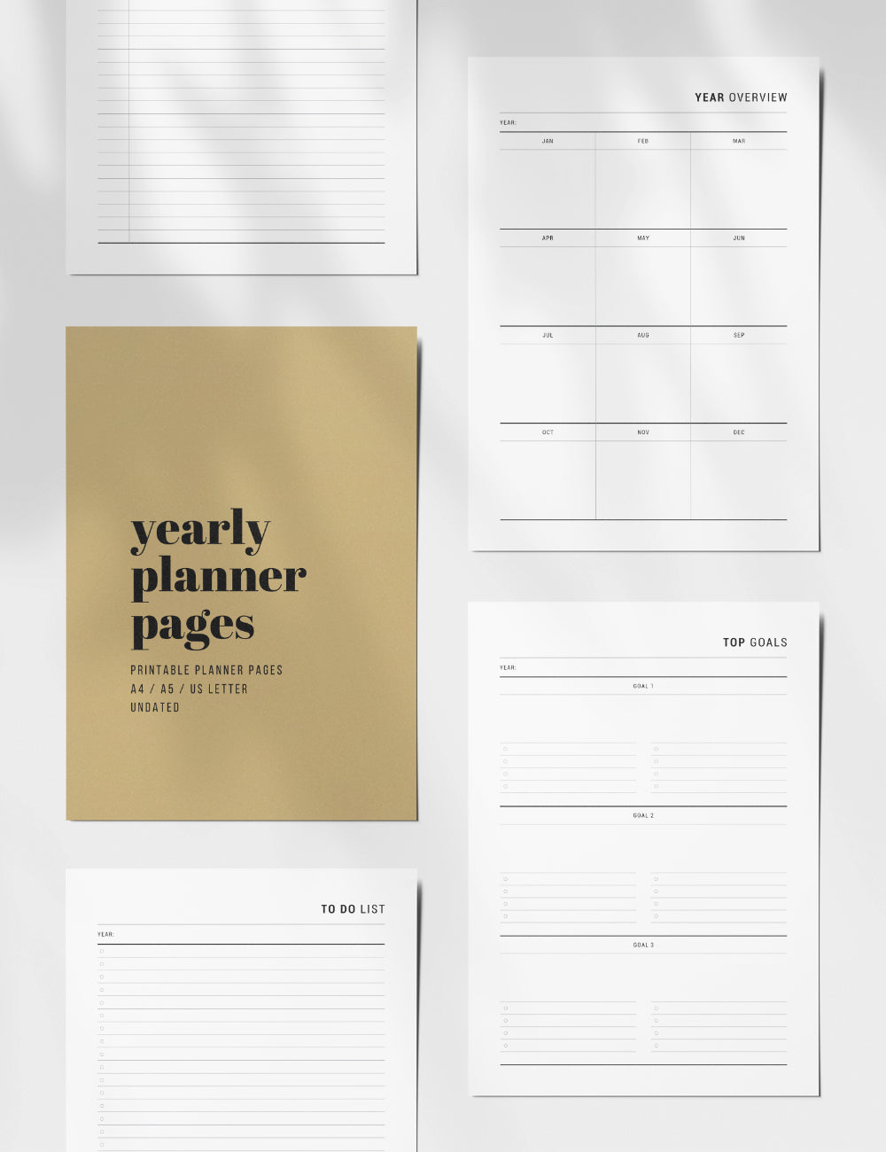 Printable Yearly Planner, Undated, A4, A5, US Letter