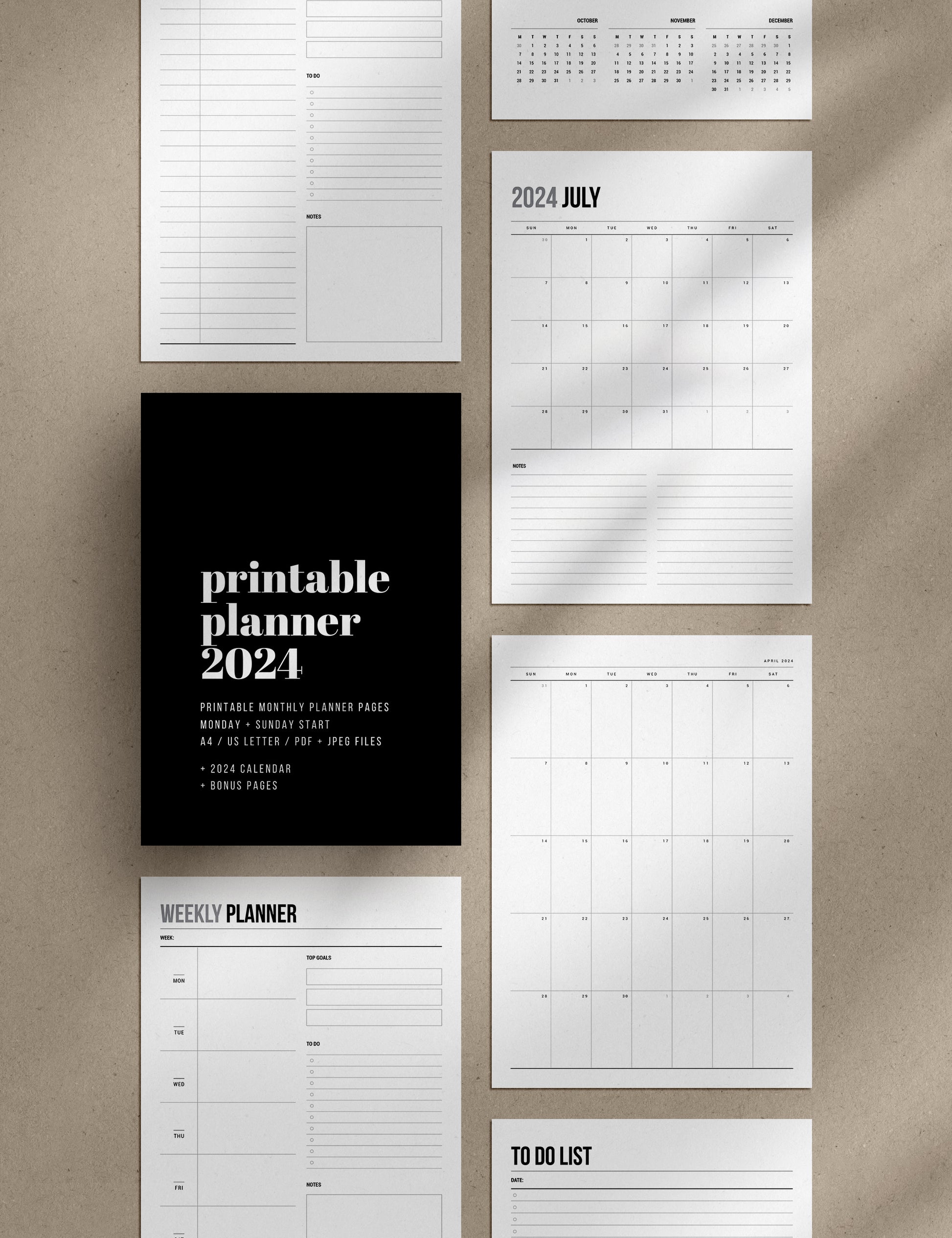 2024 Printable Monthly Planner | Portrait | Vertical | A4 | US Letter | Sunday + Monday Start | Printable Planner Pages | 2024 Calendar | Minimal Aesthetic | Clean Design | PDF + JPEG | Planner Printables | Bonus Pages: Undated Monthly, Weekly, and Daily Planners, To-Do List, and Notes