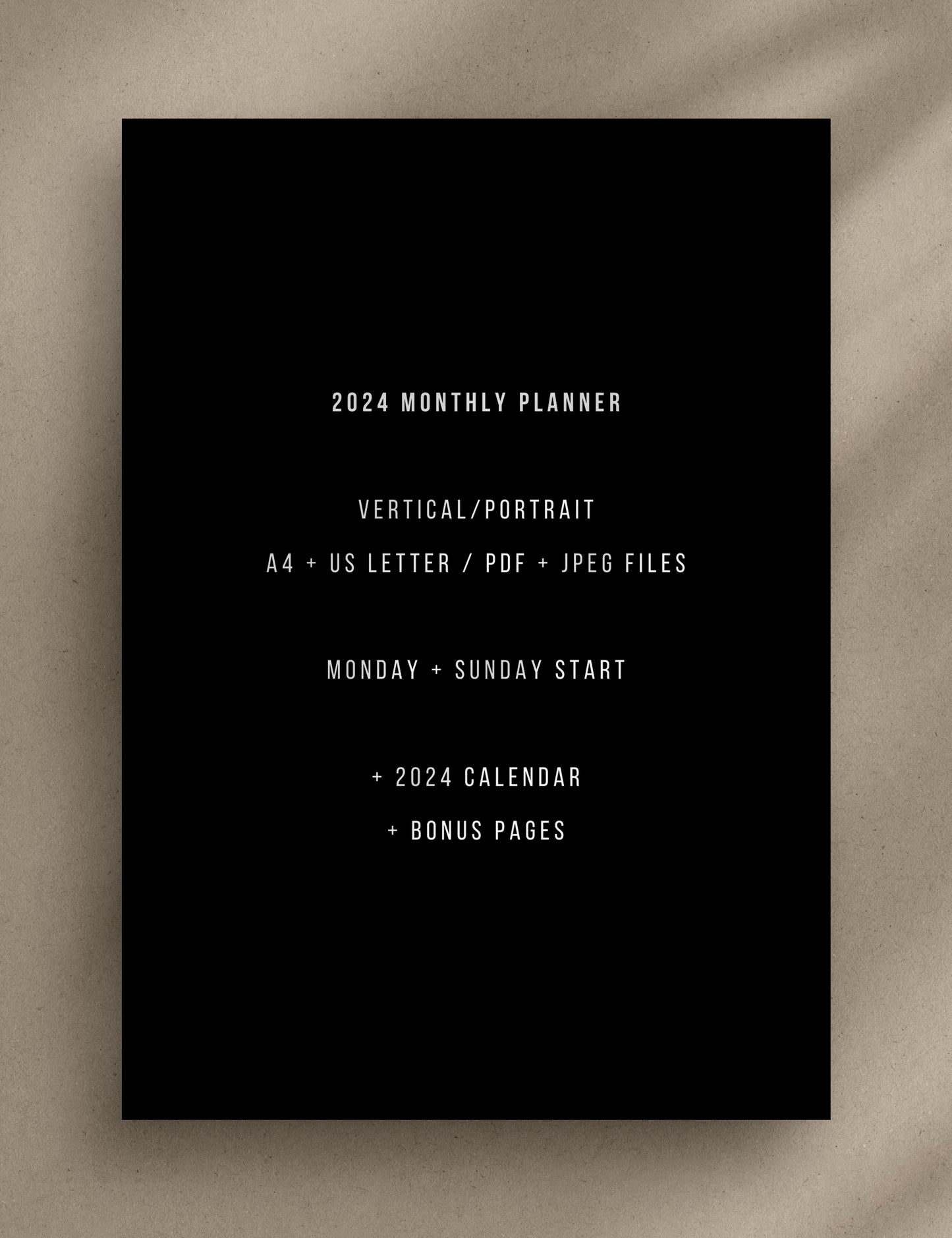 2024 Printable Monthly Planner | Portrait | Vertical | A4 | US Letter | Sunday + Monday Start | Printable Planner Pages | 2024 Calendar | Minimal Aesthetic | Clean Design | PDF + JPEG | Planner Printables | Bonus Pages: Undated Monthly, Weekly, and Daily Planners, To-Do List, and Notes