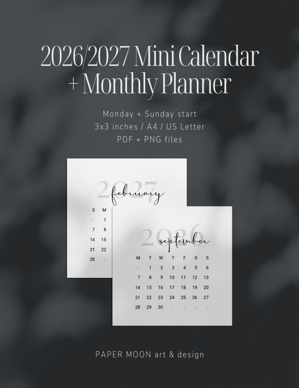 2026 and 2027 printable bundle with 3x3 mini calendar cards and monthly planner pages