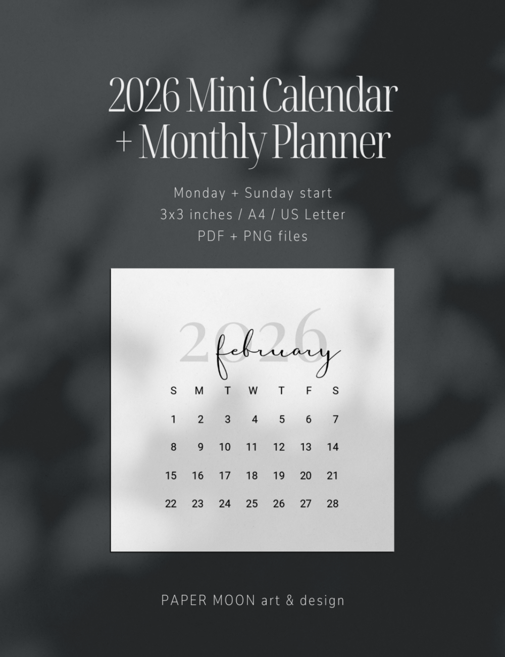 2026 printable 3x3 mini calendar cards and monthly planner pages, minimal design