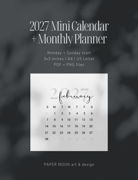2027 printable 3x3 mini calendar cards and monthly planner pages, minimal design