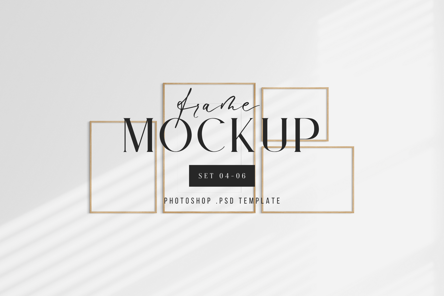 Gallery wall mockup set of 4 vertical and horizontal wooden frames, PSD frame mockup.