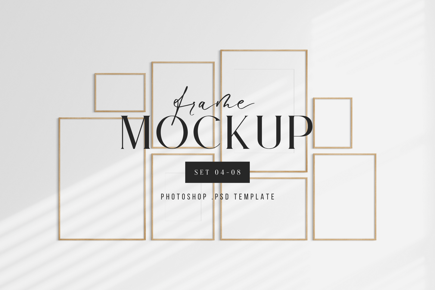 Gallery wall mockup set of 8 vertical and horizontal wooden frames, PSD frame mockup.