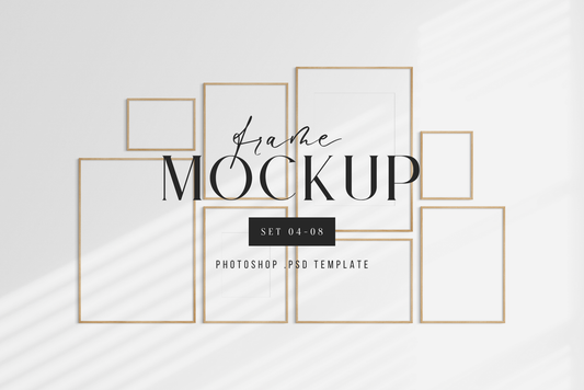 Gallery wall mockup set of 8 vertical and horizontal wooden frames, PSD frame mockup.