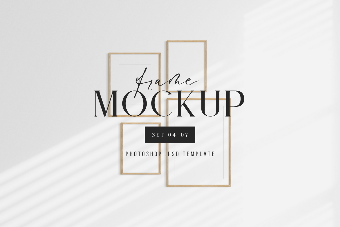 Gallery wall mockup set of 4 vertical wooden frames, PSD frame mockup kit.