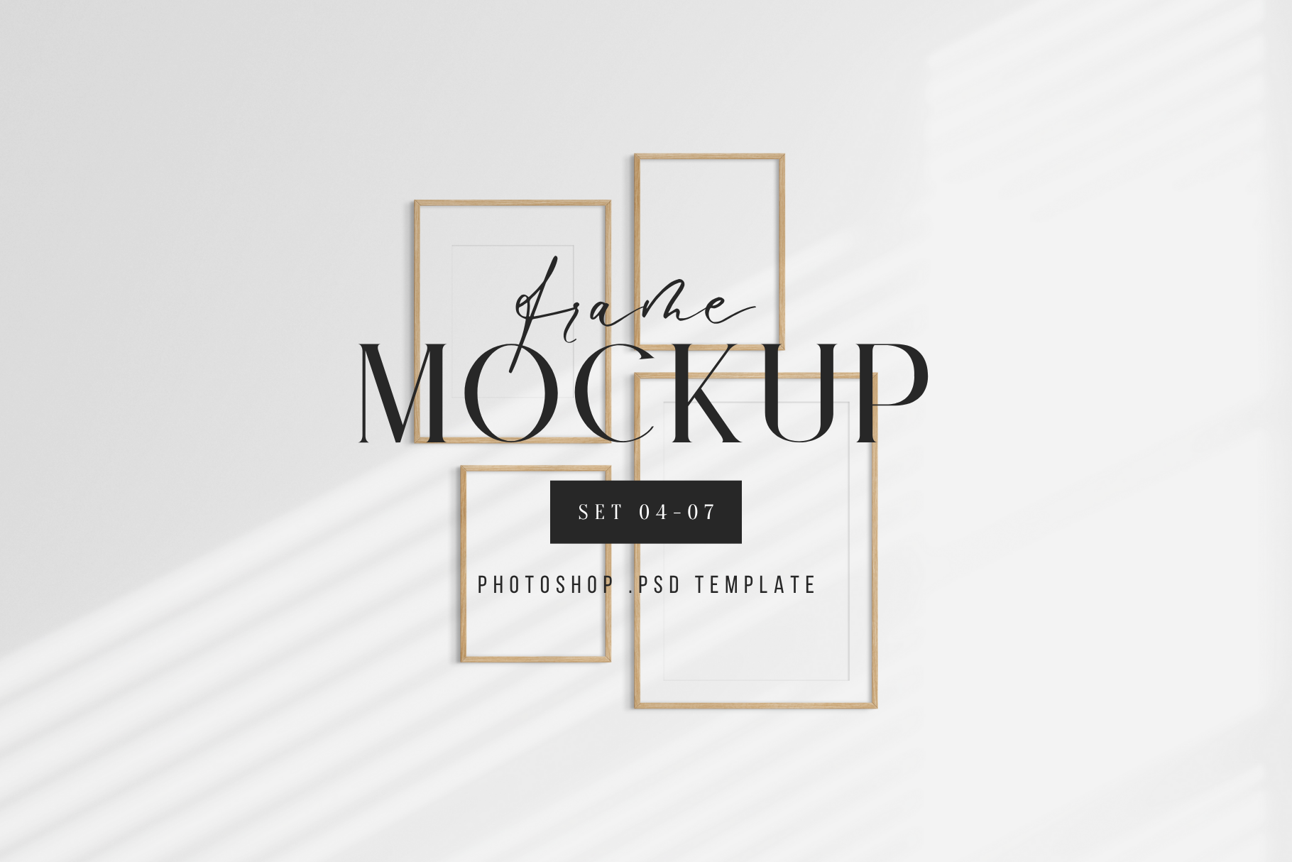 Gallery wall mockup set of 4 vertical wooden frames, PSD frame mockup kit.
