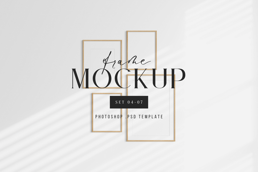 Gallery wall mockup set of 4 vertical wooden frames, PSD frame mockup kit.