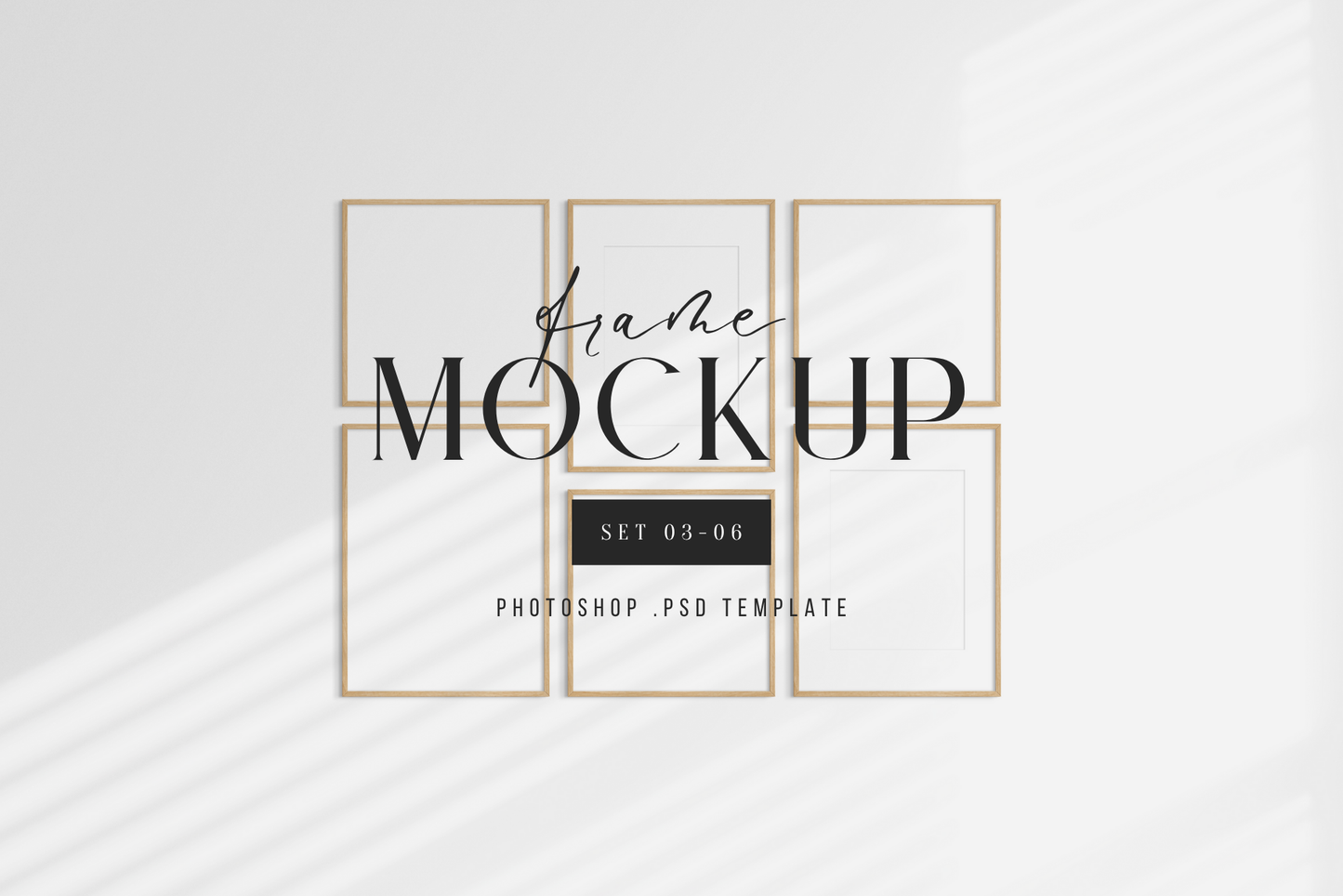 Gallery wall mockup set of 6 vertical and square wooden frames, PSD frame mockup template.
