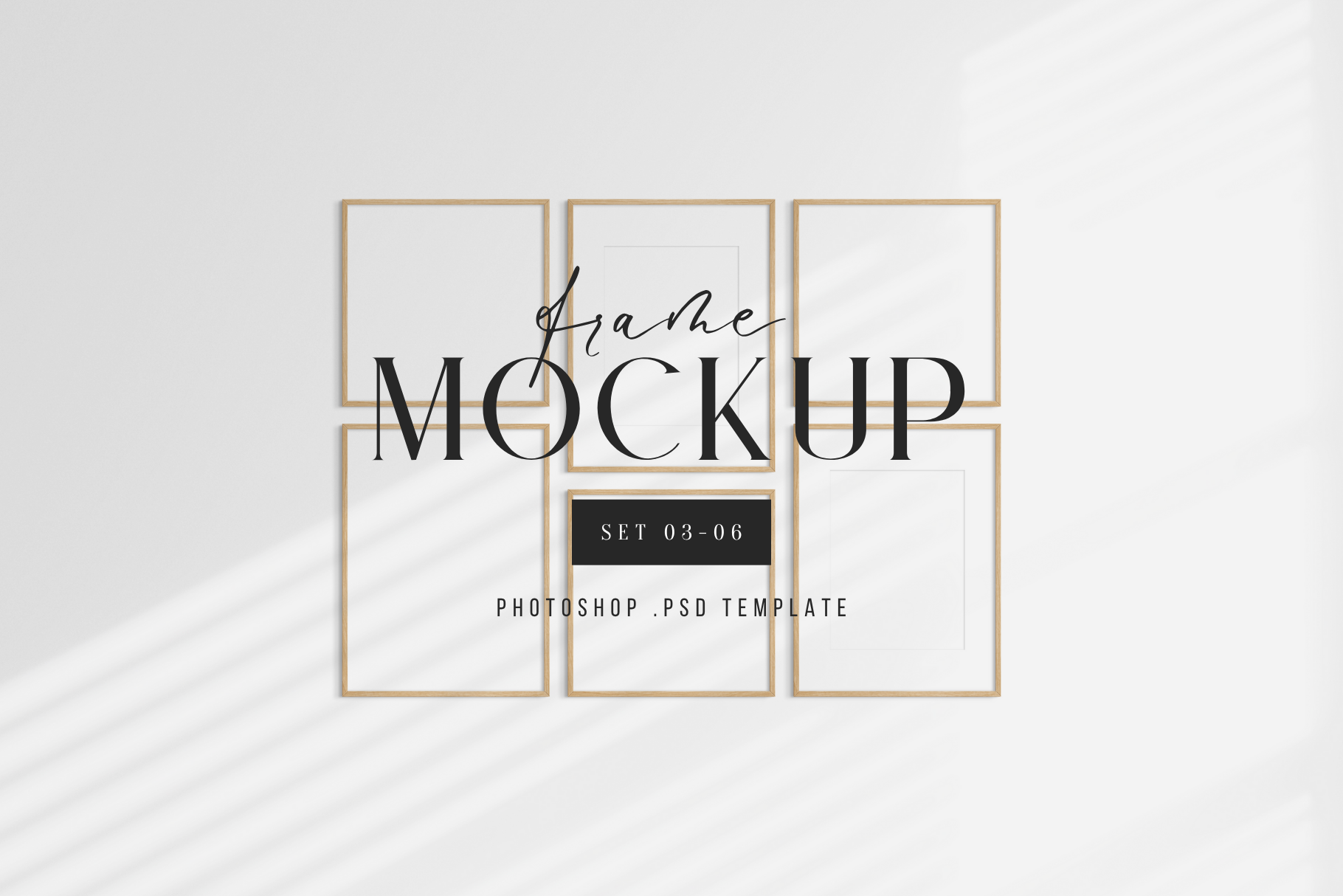 Gallery wall mockup set of 6 vertical and square wooden frames, PSD frame mockup template.