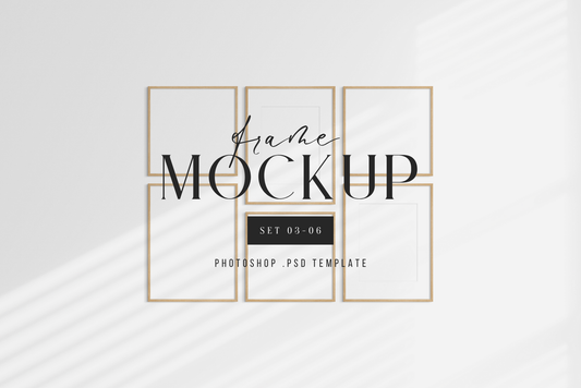 Gallery wall mockup set of 6 vertical and square wooden frames, PSD frame mockup template.