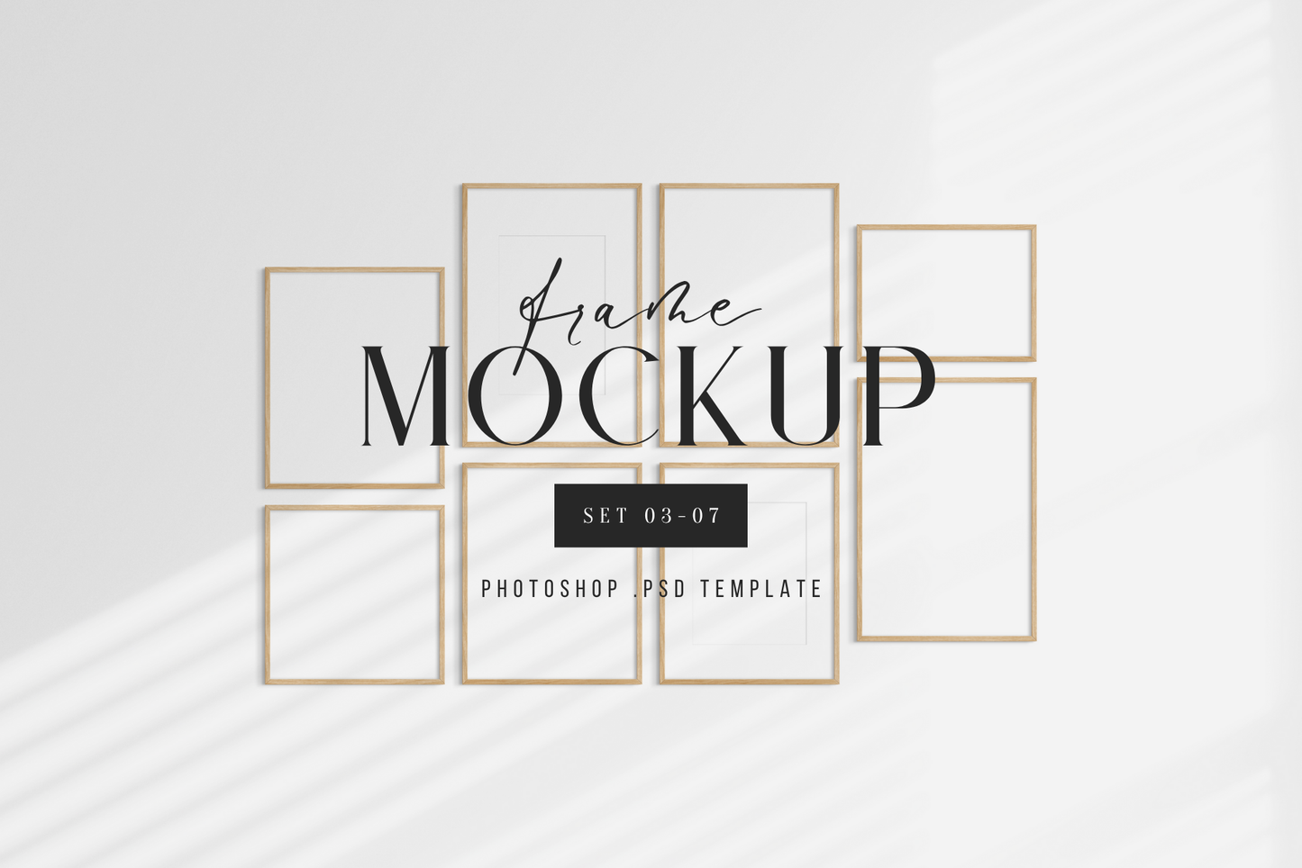 Gallery wall mockup set of 8 vertical, horizontal, and square wooden frames, PSD template.