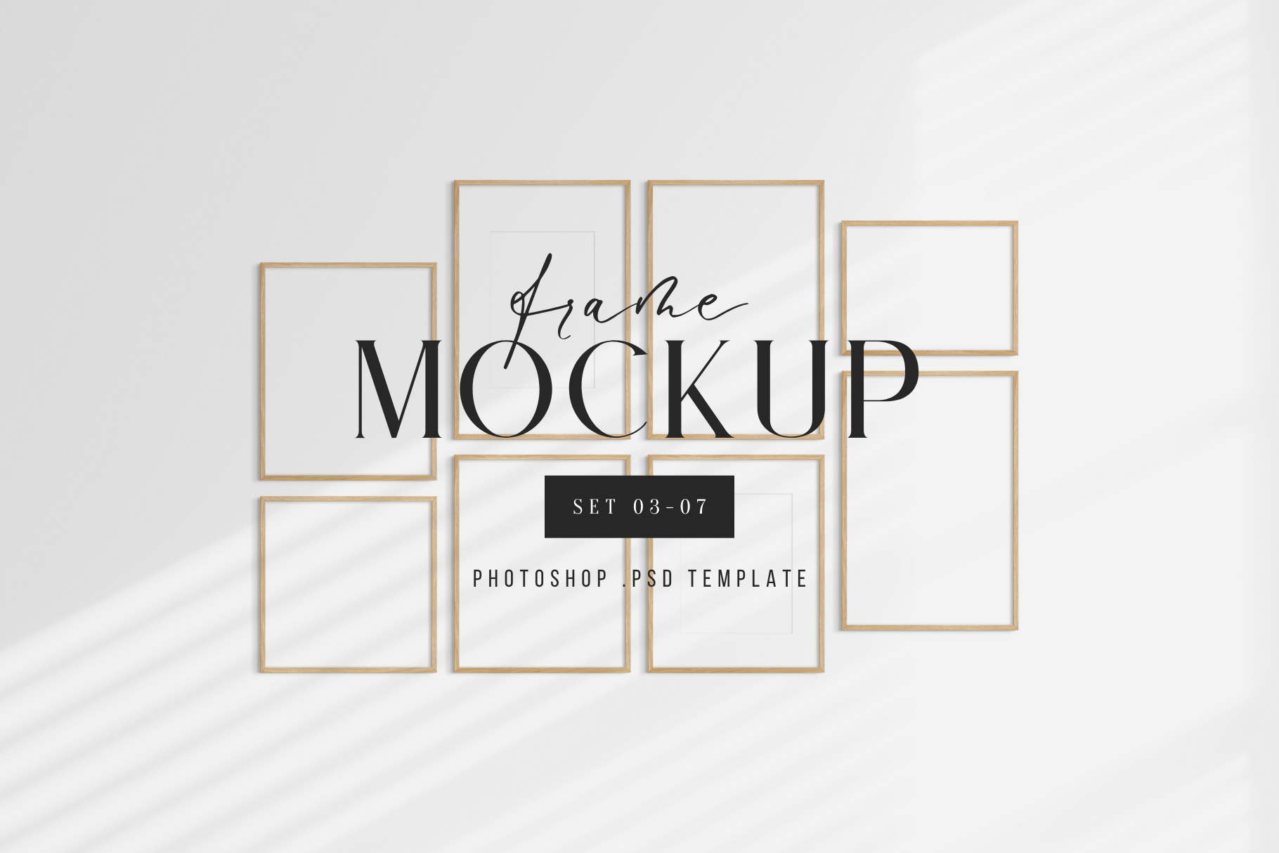 Gallery wall mockup set of 8 vertical, horizontal, and square wooden frames, PSD template.