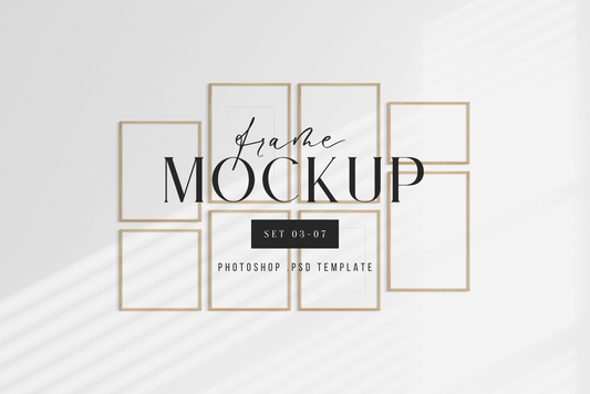 Gallery wall mockup set of 8 vertical, horizontal, and square wooden frames, PSD template.
