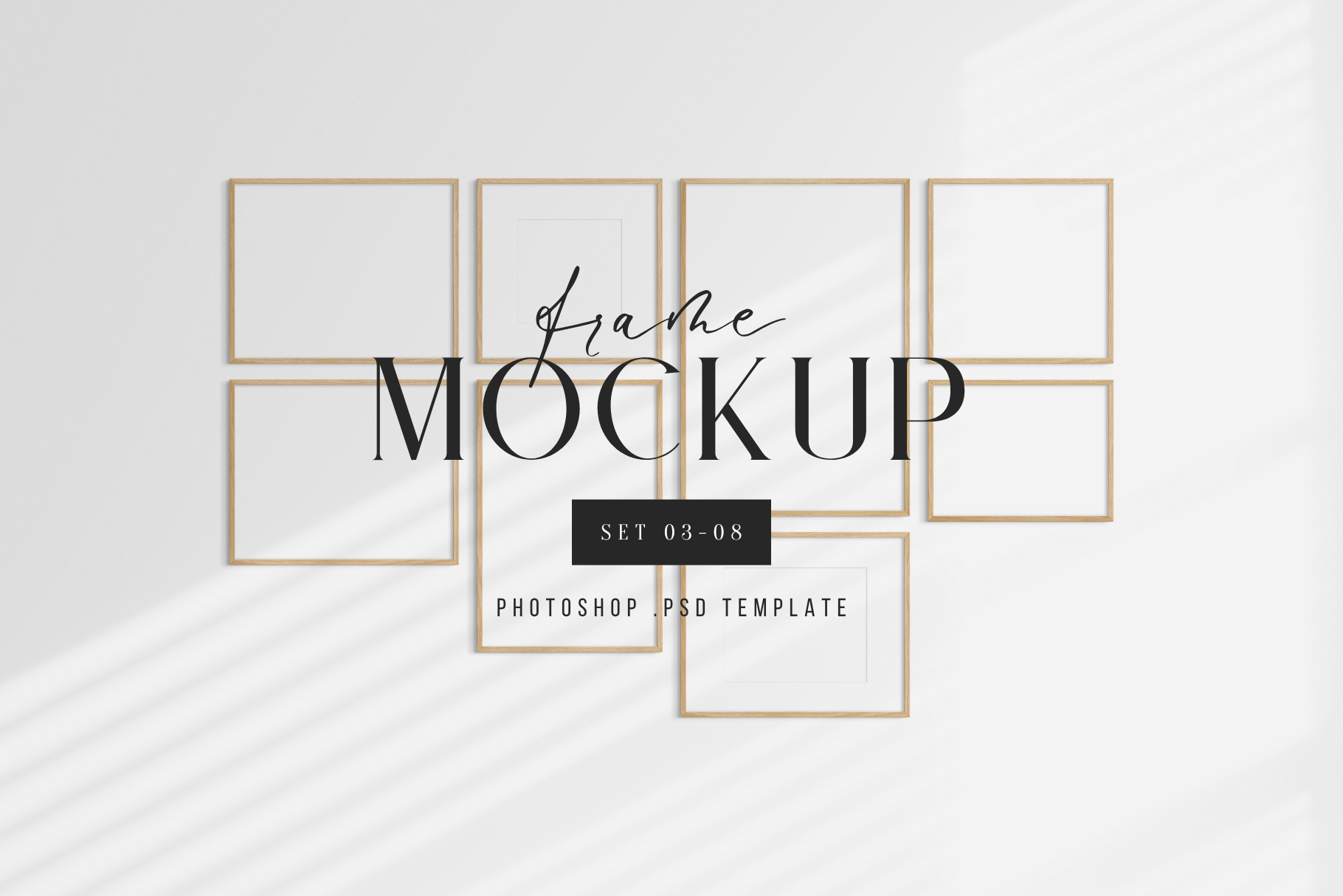 Gallery wall mockup set of 8 vertical, horizontal, and square wooden frames, PSD template.