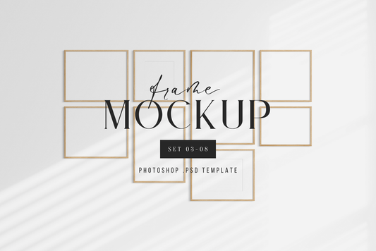 Gallery wall mockup set of 8 vertical, horizontal, and square wooden frames, PSD template.