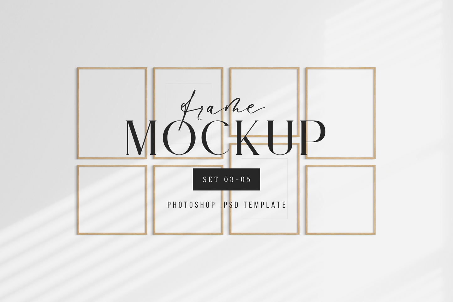 Gallery wall mockup set of 8 vertical and square wooden frames, PSD frame mockup template.