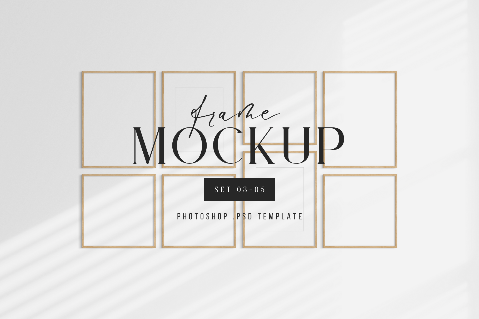 Gallery wall mockup set of 8 vertical and square wooden frames, PSD frame mockup template.