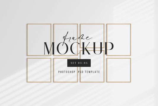 Gallery wall mockup set of 8 vertical and square wooden frames, PSD frame mockup template.