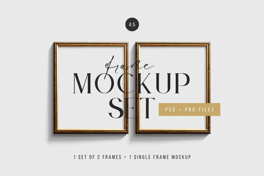 Metallic Frame Mockup Set of 2 Vertical Frames 4:5 | Vintage Gold Frame Mockup Set | PSD Template + Transparent PNG Files