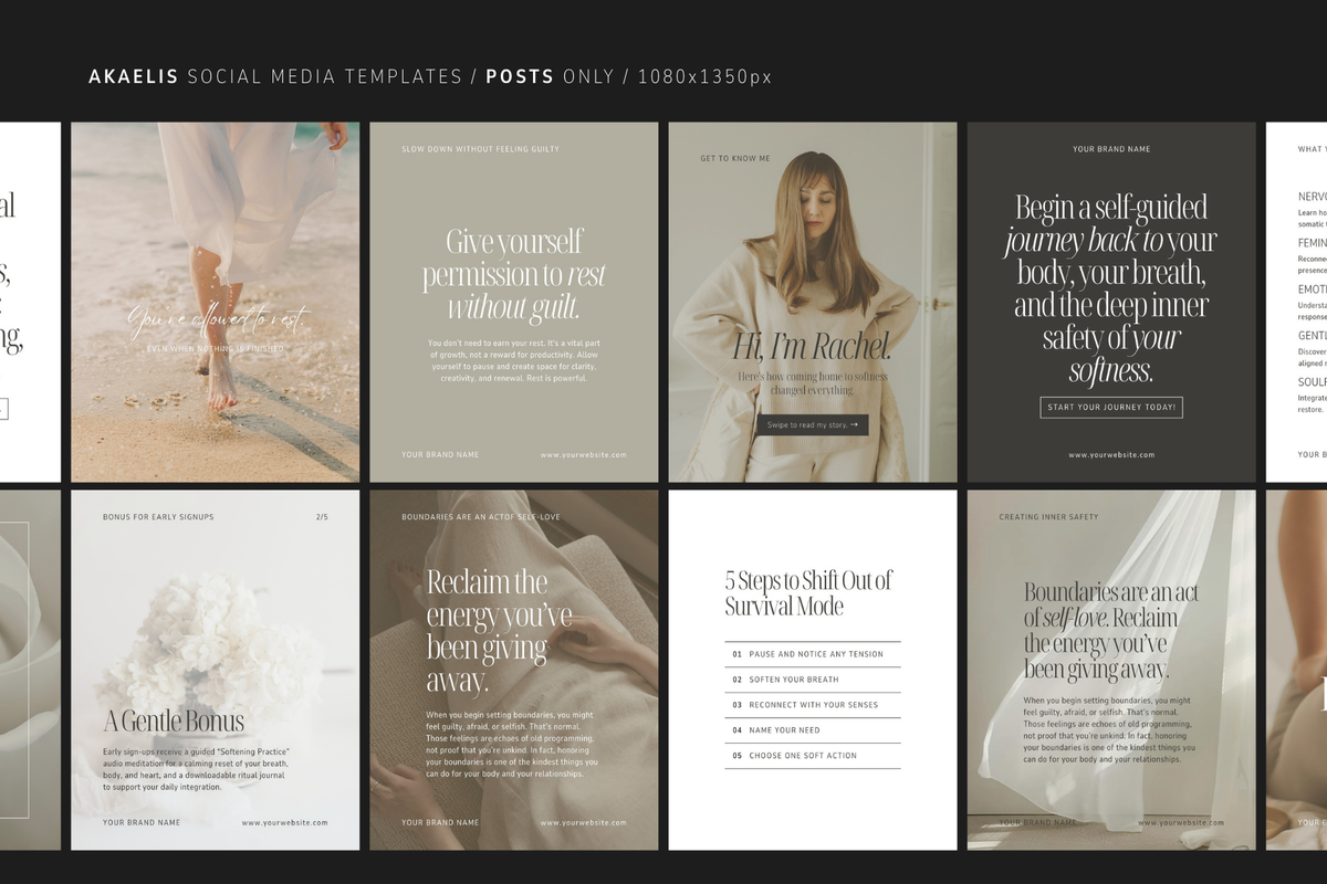 Feminine, elegant Instagram post Canva templates in a soft, neutral aesthetic for wellness and lifestyle brands. The templates feature minimalist, warm-toned designs with beige, brown, and white color palettes, showcasing lifestyle photography and text layouts for quotes and blog posts.