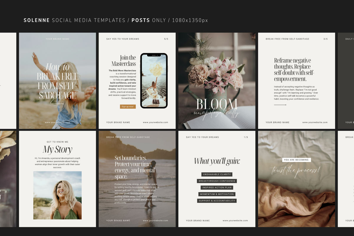 Elegant, feminine Instagram post Canva templates in a neutral aesthetic for coaches and creative entrepreneurs.