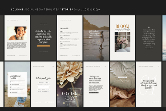 Modern, minimalist Instagram Story Canva templates in a neutral aesthetic.