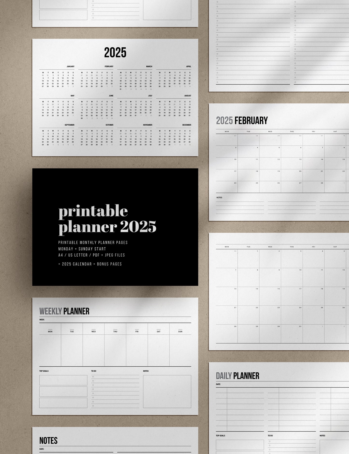 2025 Printable Monthly Planner | Landscape | Horizontal | A4 | US Letter | Sunday + Monday Start | Printable Planner Pages | 2025 Calendar | Minimal Aesthetic | Clean Design | PDF + JPEG | Planner Printables | Bonus Pages: Undated Monthly, Weekly, and Daily Planners, To-Do List, and Notes