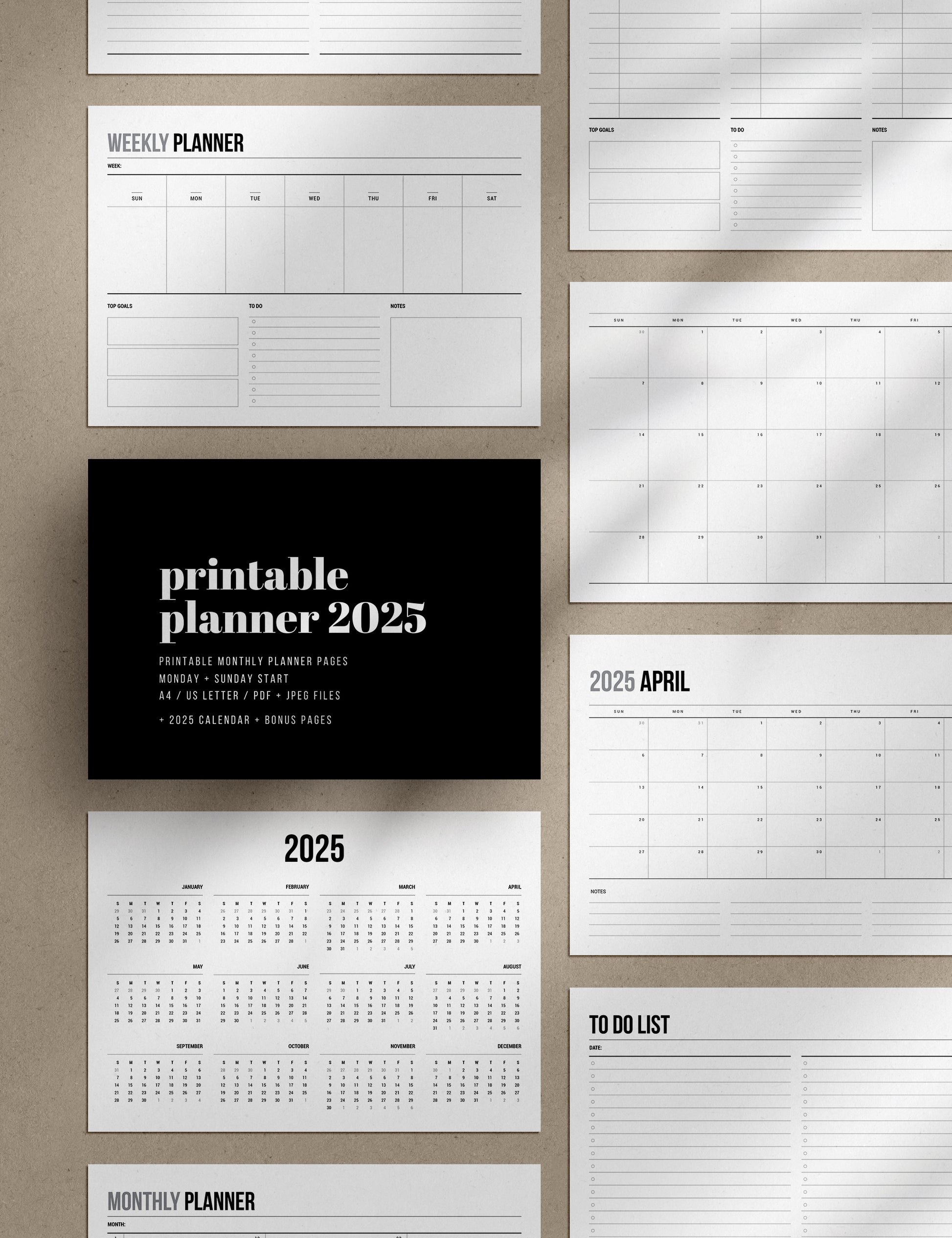 2025 Printable Monthly Planner | Landscape | Horizontal | A4 | US Letter | Sunday + Monday Start | Printable Planner Pages | 2025 Calendar | Minimal Aesthetic | Clean Design | PDF + JPEG | Planner Printables | Bonus Pages: Undated Monthly, Weekly, and Daily Planners, To-Do List, and Notes