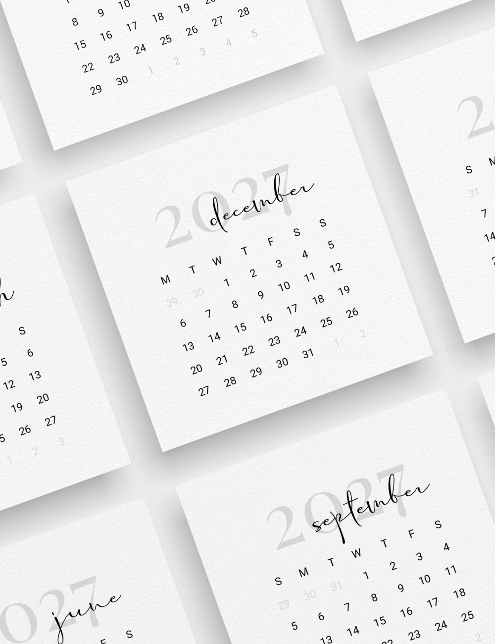 2027 3x3 mini calendar cards and planner pages for journals and planners