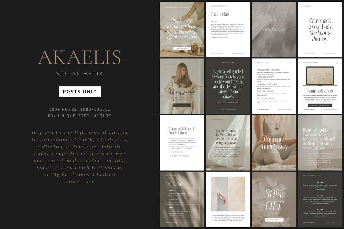 AKAELIS collection of 100+ Instagram post Canva templates with delicate details and refined layouts. Promotional graphic for AKAELIS Social Media templates, featuring a dark charcoal left panel with gold and white text and a grid of sample social media post designs on the right in neutral beige, gray, and white tones.